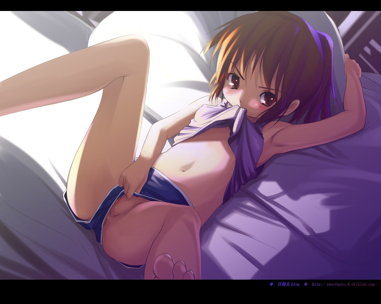 st+1, original, 1girl, armpits, clothes lift, clothing aside, female focus, letterboxed, loli, lying, mouth hold, navel, no panties, on back, panties, panties aside, shirt lift, solo, uncensored, underwear