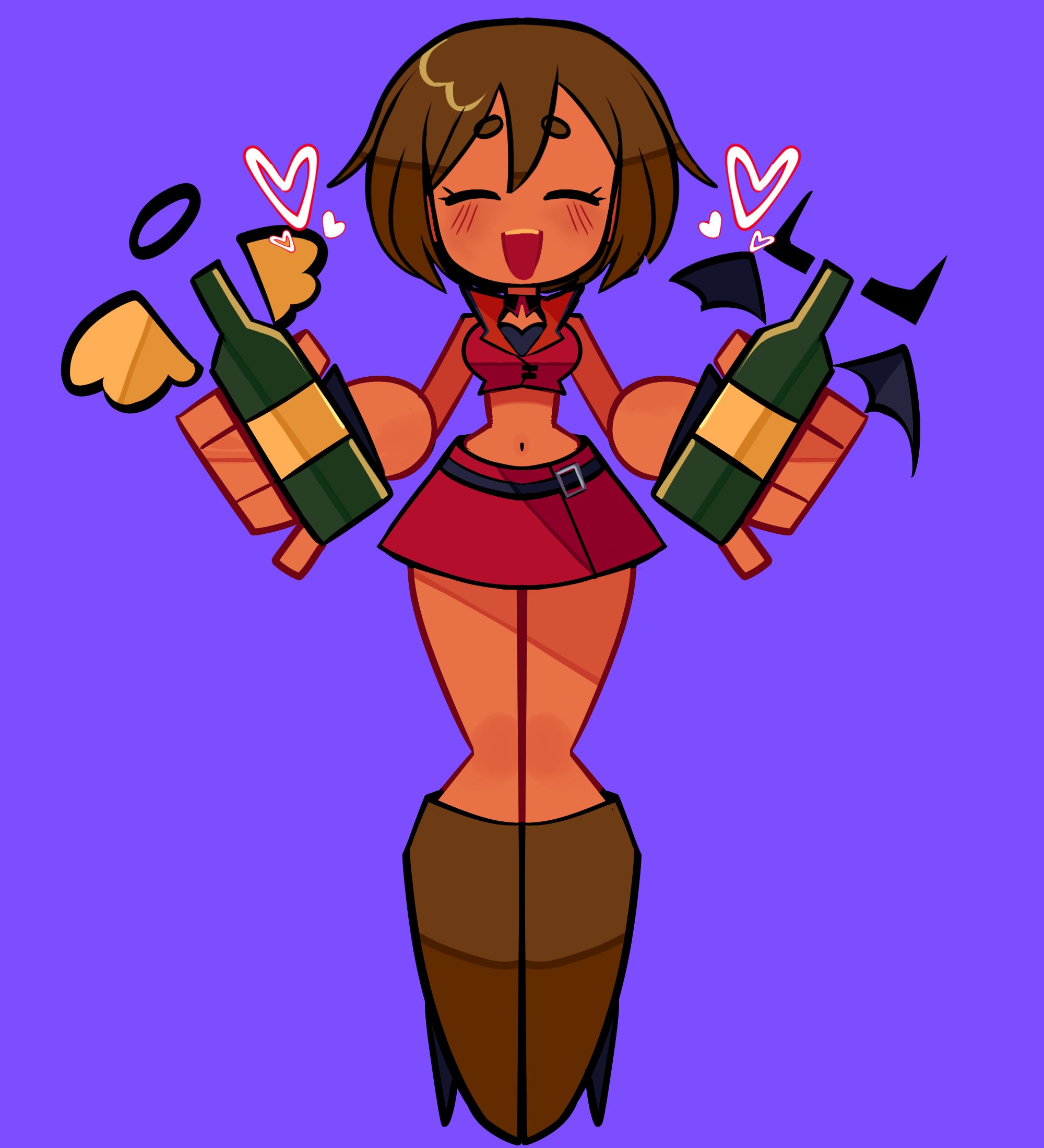 rainelyn00, meiko (vocaloid), vocaloid, 1girl, beer bottle, belt, black belt, boots, bottle, breasts, brown boots, brown hair, closed eyes, demon horns, demon wings, facing viewer, full body, halo, heart, holding, holding bottle, horns, large breasts, midriff, navel, open mouth, red skirt, short hair, simple background, skirt, smile, solo, straight-on, teeth, thick eyebrows, upper teeth only, wings