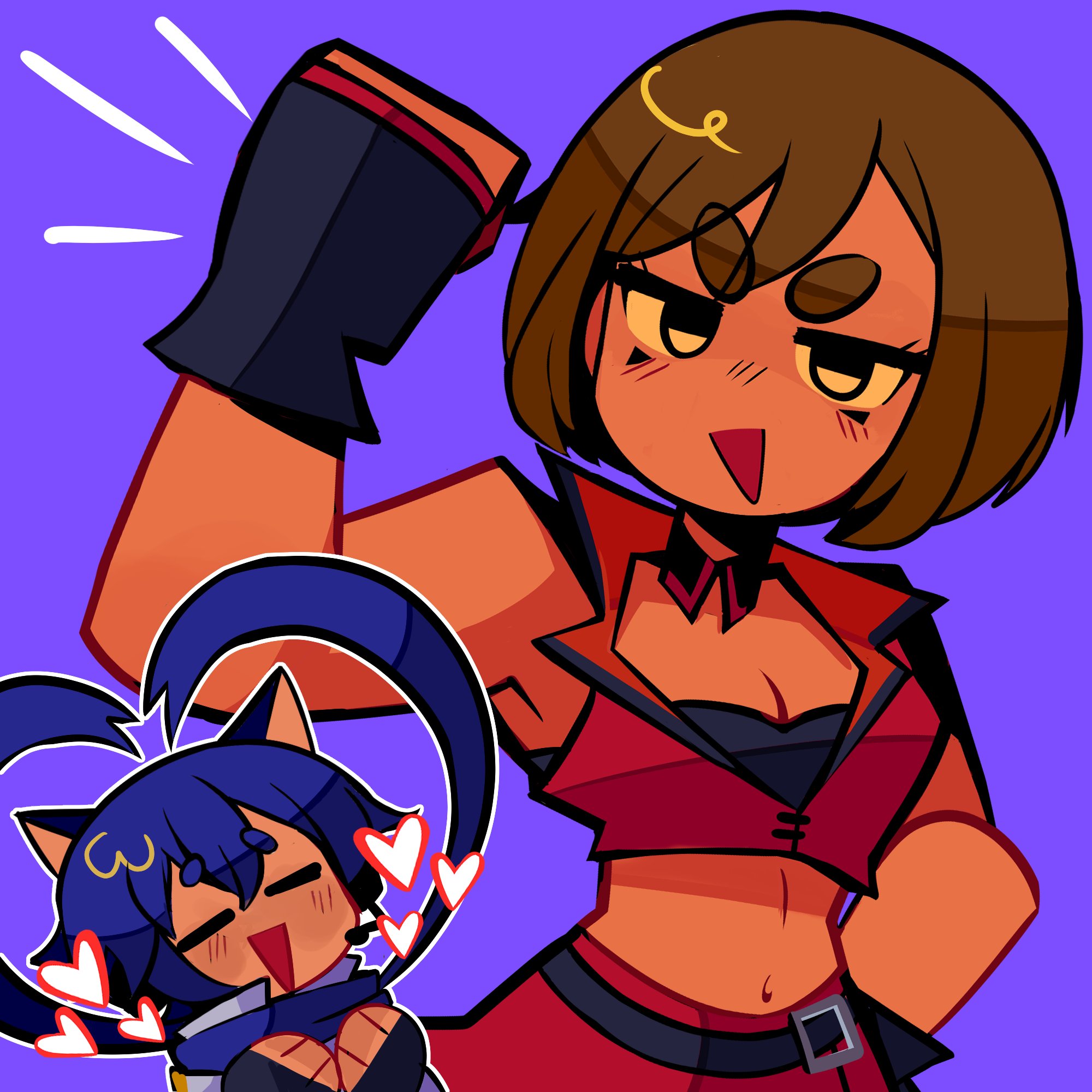 rainelyn00, kaito (vocaloid), meiko (vocaloid), vocaloid, 1boy, 1girl, = =, belt, black belt, black gloves, blue hair, blue scarf, breasts, cleavage, clenched hand, coat, fingerless gloves, gloves, hand on own hip, jacket, kemonomimi mode, large breasts, looking at viewer, midriff, navel, open mouth, purple background, red jacket, red skirt, scarf, simple background, skirt, thick eyebrows, triangle mouth, white coat, white eyes