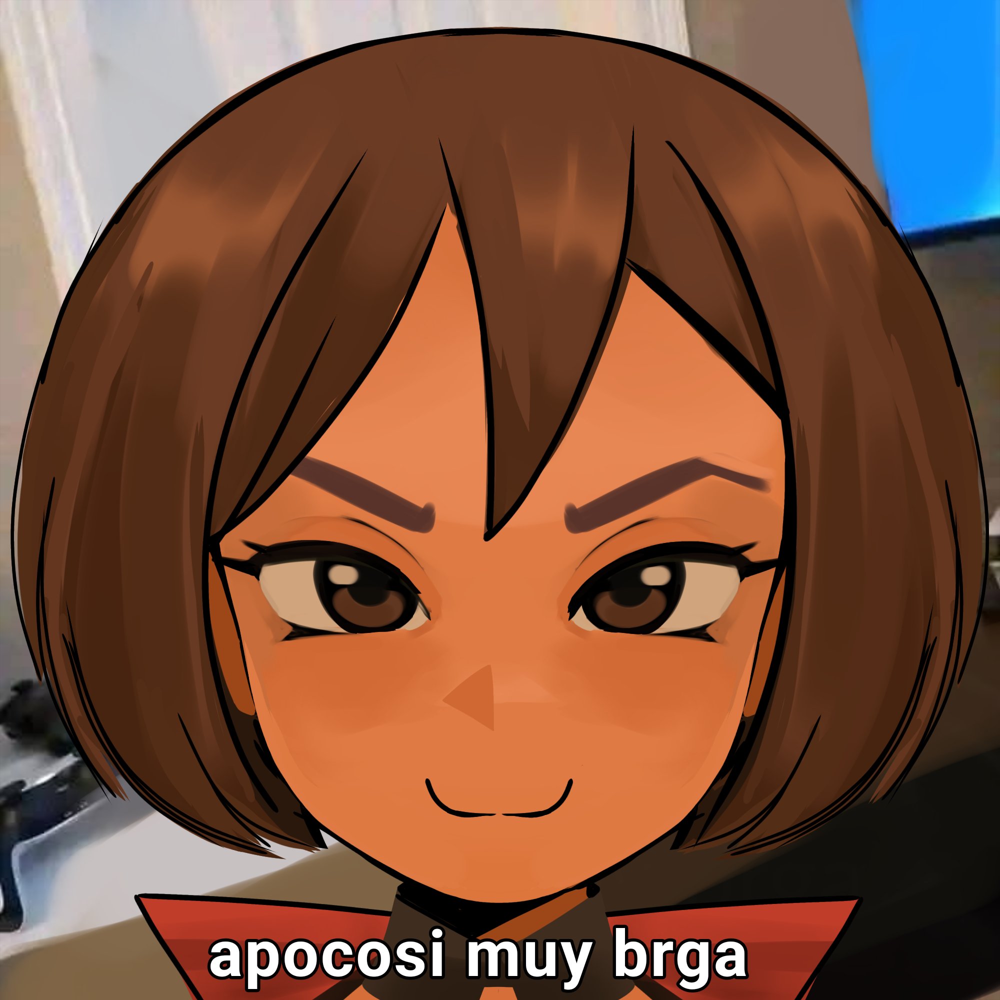 rainelyn00, meiko (vocaloid), vocaloid, 1girl, :3, brown eyes, brown hair, close-up, closed mouth, hair between eyes, jacket, looking at viewer, meme, red jacket, solo, spanish text, straight-on