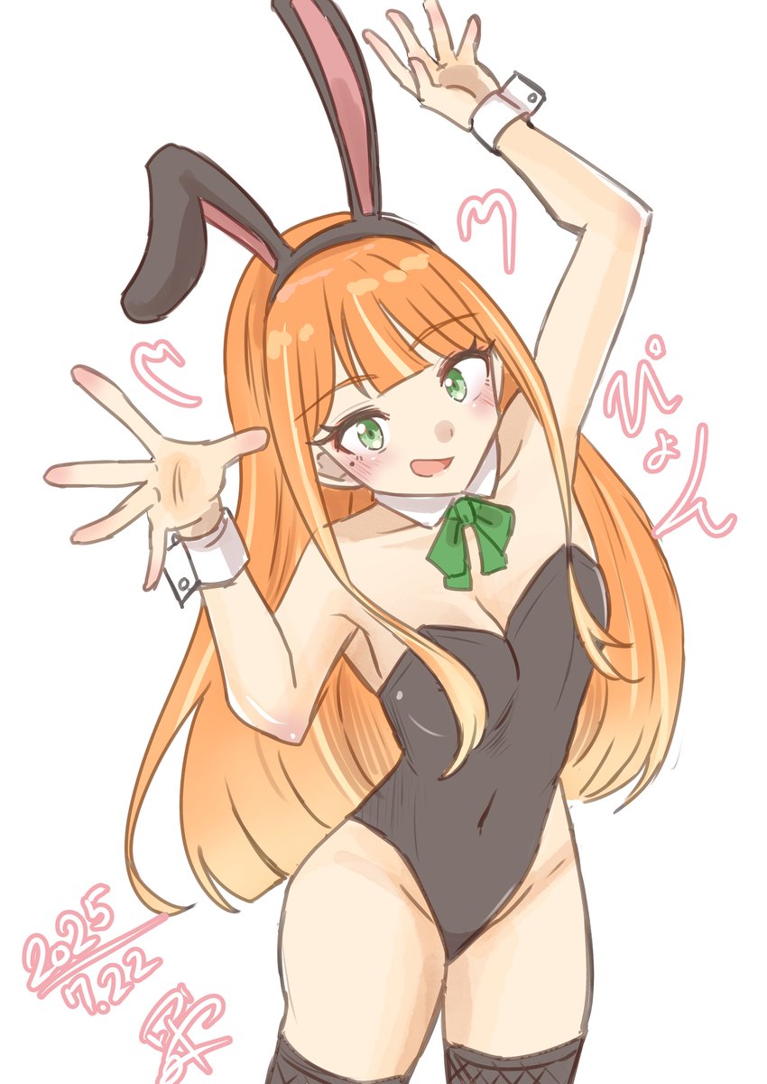 rutomiartdayo, shiun sumika, idolmaster, 1girl, 2025, bare shoulders, black leotard, black thighhighs, blunt bangs, bowtie, breasts, cleavage, dated, fake rabbit ears, fake tail, green bow, green bowtie, green eyes, leotard, long hair, mole, mole under eye, open mouth, orange hair, playboy bunny, small breasts, smile, tail, thighhighs, white background, wrist cuffs