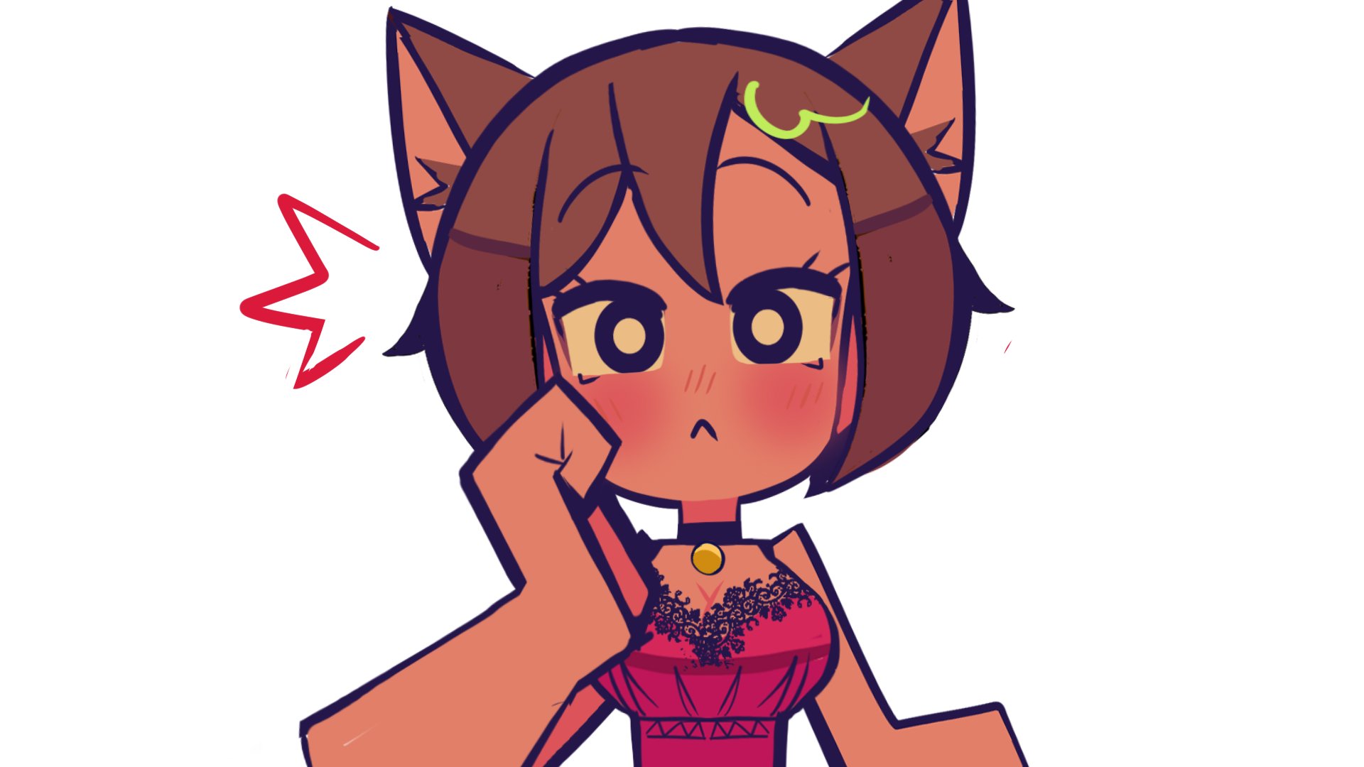 rainelyn00, meiko (vocaloid), vocaloid, 1girl, :<, animal ear fluff, animal ears, black collar, black eyes, blush, breasts, bright pupils, brown hair, cat ears, cleavage, closed mouth, collar, hand up, large breasts, looking at viewer, neck bell, short hair, simple background, solo, straight-on, upper body, white background, white pupils