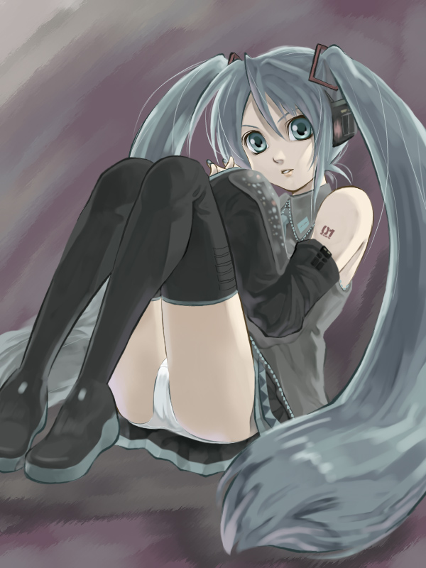 you2, hatsune miku, vocaloid, 1girl, aqua hair, detached sleeves, female focus, long hair, panties, solo, thighhighs, twintails, underwear, very long hair