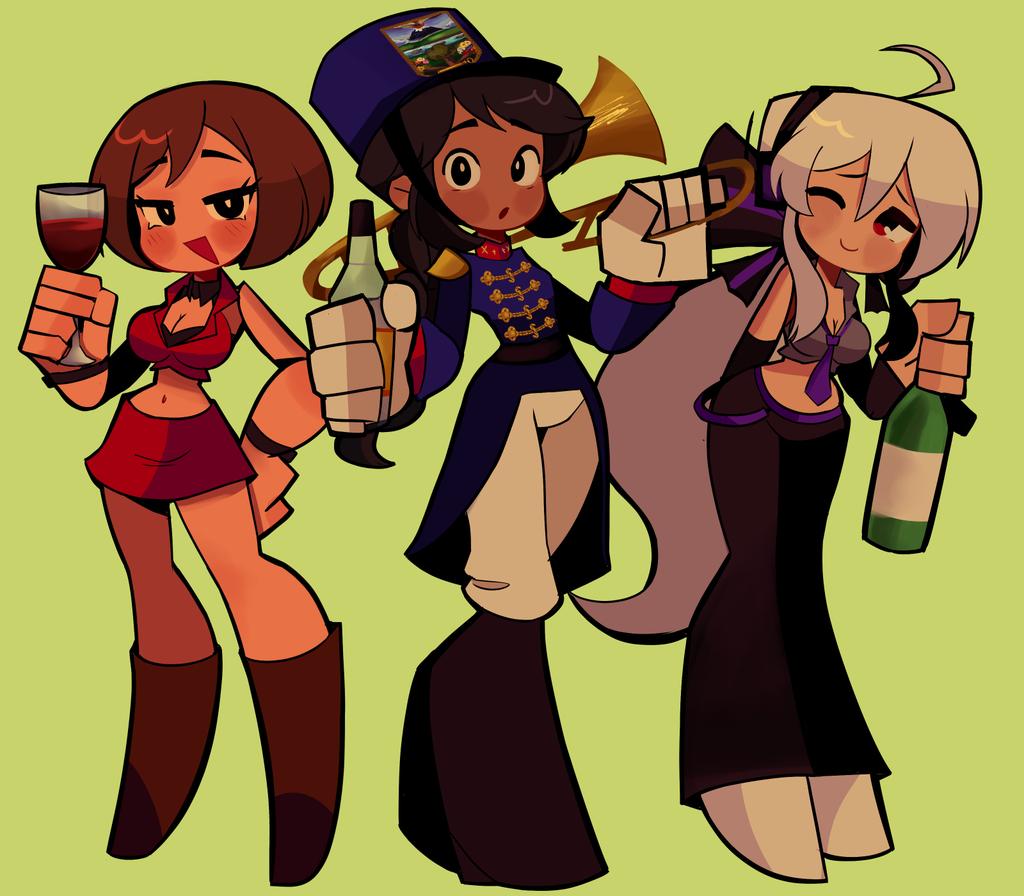 rainelyn00, meiko (vocaloid), yowane haku, original, vocaloid, commission, 3girls, ahoge, alcohol, arm behind back, beer bottle, belt, black boots, black bow, black bra, black eyes, black pants, black sleeves, blue coat, blush, boots, bottle, bow, bra, bracelet, breasts, bright pupils, brown boots, brown hair, cleavage, coat, cropped jacket, cup, dark-skinned female, dark skin, detached sleeves, drinking glass, gloves, green background, grey hair, hair bow, hand on own hip, headphones, holding, holding bottle, holding drinking glass, holding instrument, holding trumpet, instrument, jacket, jewelry, large breasts, midriff, multiple girls, navel, necktie, one eye closed, open clothes, open jacket, open mouth, pants, purple belt, purple necktie, purple trim, red eyes, red jacket, red skirt, red trim, short hair, simple background, skirt, triangle mouth, trumpet, underwear, white boots, white gloves, white pants, white pupils, wine, wine glass