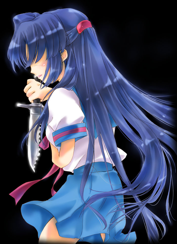 nyanmilla, asakura ryoko, suzumiya haruhi no yuuutsu, 00s, 1girl, blue hair, female focus, half updo, knife, school uniform, serafuku, solo