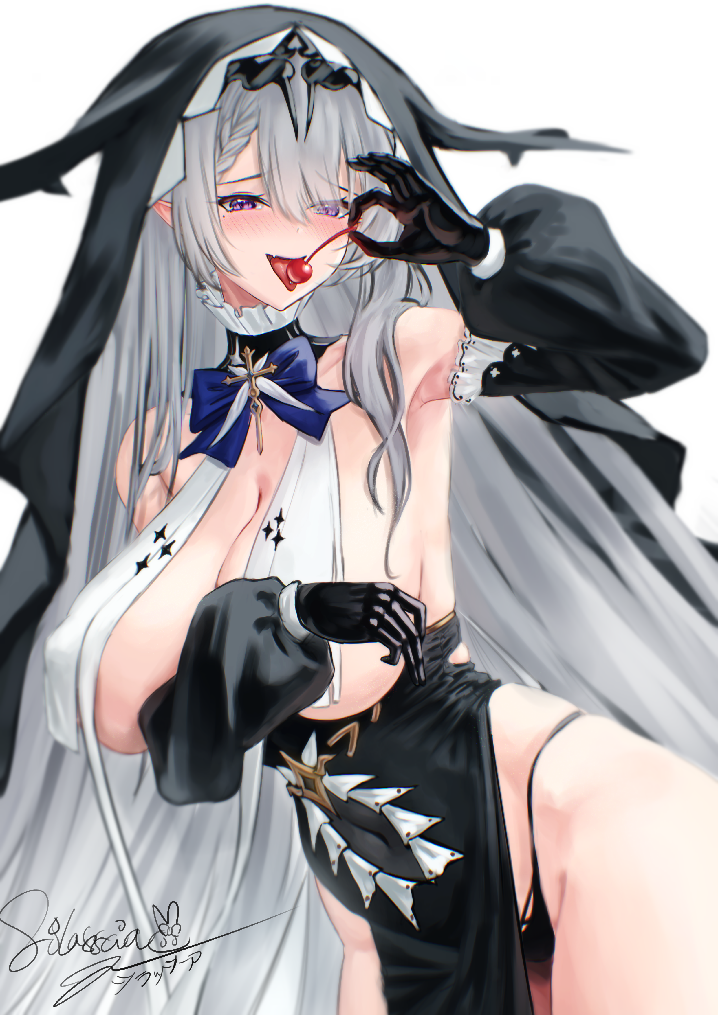 silasscia45, duguay-trouin (azur lane), azur lane, absurdres, highres, armpits, black nails, black panties, black sleeves, black veil, blue bow, blush, bow, breast curtains, cherry, covered erect nipples, detached sleeves, food, fruit, grey hair, hair between eyes, highleg, highleg panties, holding, holding food, long hair, looking at viewer, open mouth, panties, pelvic curtain, purple eyes, sidelocks, underwear, veil
