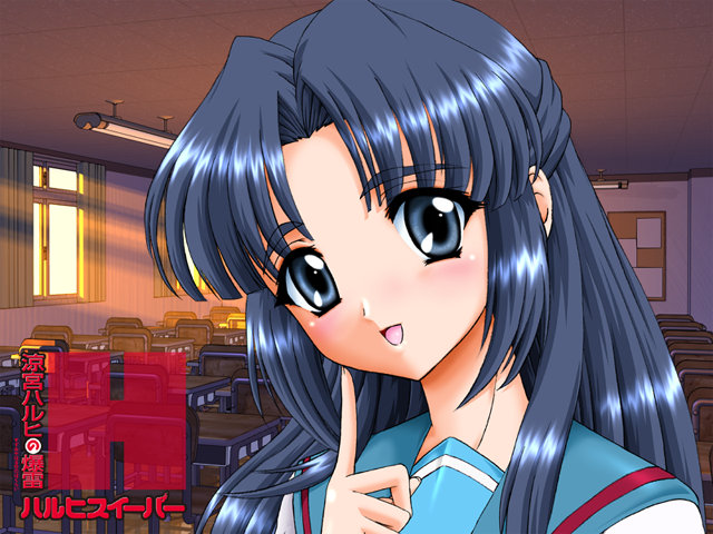 kurimami, asakura ryoko, suzumiya haruhi no yuuutsu, 00s, 1girl, blue eyes, blue hair, classroom, female focus, half updo, indoors, matching hair/eyes, school, school uniform, serafuku, solo