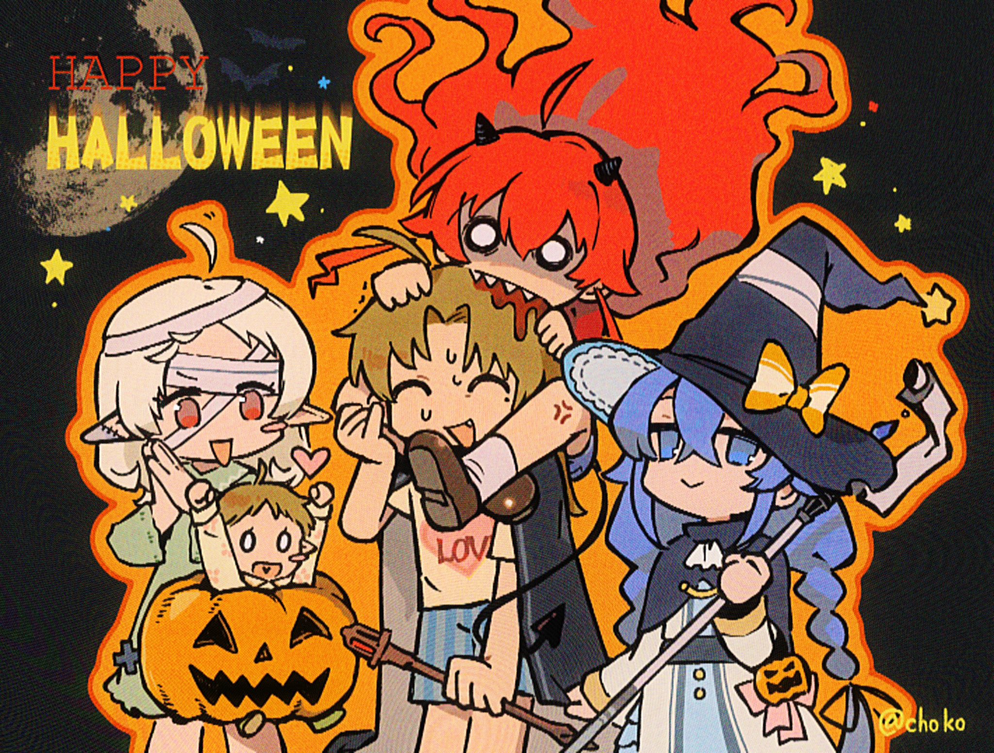 cho kooooo, eris greyrat, lucy greyrat, roxy migurdia, rudeus greyrat, sylphiette (mushoku tensei), copyright request, highres, ahoge, baby, bandaged head, bandages, biting, bleeding, blood, demon costume, elf, halloween, halloween costume, hat, head biting, mage staff, pointy ears, pumpkin costume, sweat, wand, witch hat