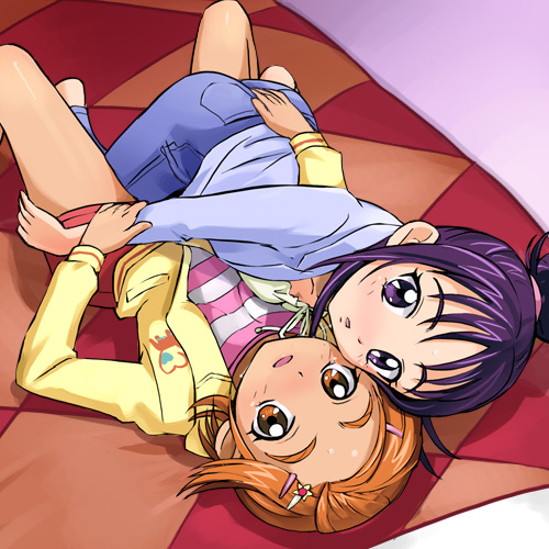 haruyama kazunori, hyuuga saki, mishou mai, futari wa precure splash star, precure, lowres, 00s, 2girls, bed, blush, couple, denim, eyelashes, girl on top, hair held back, hug, jeans, multiple girls, orange eyes, orange hair, pants, purple eyes, purple hair, thighs, yuri