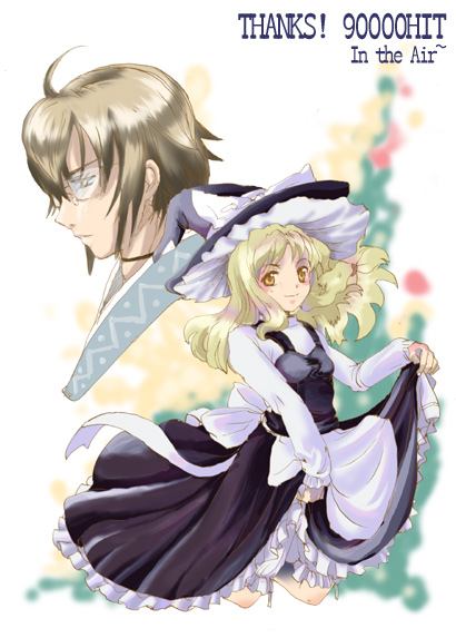 kirisame marisa, morichika rinnosuke, curiosities of lotus asia, touhou, 1boy, 1girl, ahoge, blonde hair, glasses, hat, long hair, mole, mole under eye, witch, witch hat