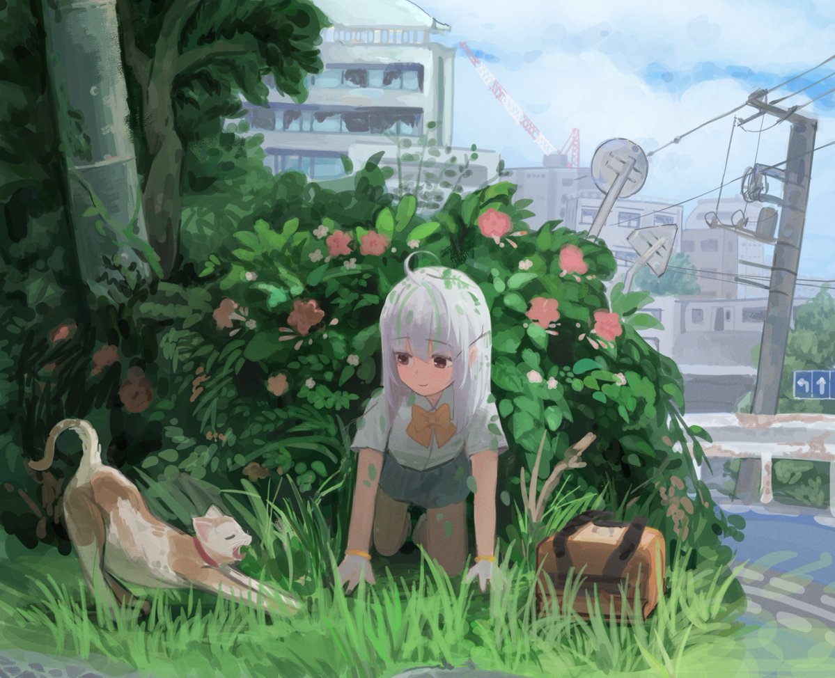 peparonipi20, admi (nikke), goddess of victory: nikke, 1girl, ahoge, all fours, bag, bow, bowtie, building, bush, cat, cloud, collared shirt, flower, gloves, grass, green hair, grey skirt, light smile, looking at another, multicolored hair, outdoors, pleated skirt, power lines, purple eyes, road, road sign, school bag, shirt, sign, skirt, sky, streaked hair, stretching, tree, utility pole, white gloves, white hair, white shirt, yellow bow, yellow bowtie