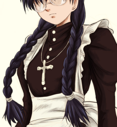 ryp, roberta (black lagoon), black lagoon, 00s, 1girl, apron, black hair, braid, cross, female focus, glasses, head out of frame, hidden eyes, latin cross, maid, maid apron, opaque glasses, simple background, solo, twin braids, upper body, white background