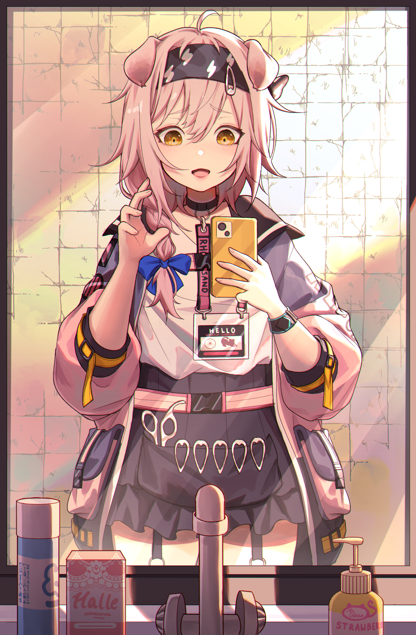 ev-oo, goldenglow (arknights), arknights, commentary request, highres, 1girl, ahoge, animal ears, black hairband, black skirt, blue bow, bow, braid, cat ears, cat girl, cellphone, cowboy shot, faucet, garter straps, grey jacket, hair bow, hair ornament, hairband, hairclip, holding, holding phone, id card, indoors, jacket, lanyard, lightning bolt print, long hair, looking at object, miniskirt, mirror selfie, multicolored jacket, open clothes, open jacket, open mouth, phone, pink hair, pink jacket, pleated skirt, selfie, shirt, side braid, skirt, smartphone, solo, standing, tile wall, tiles, white shirt, yellow eyes