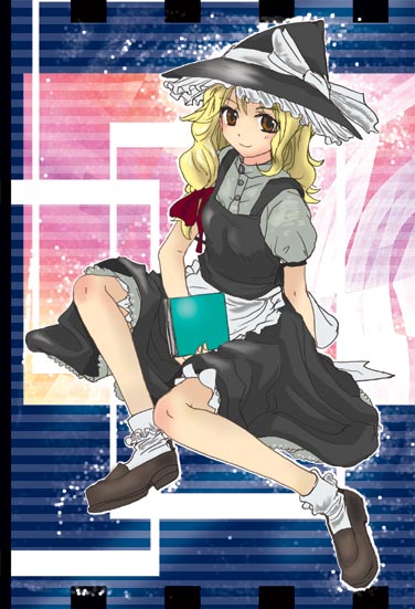 nanami sano, kirisame marisa, touhou, eyebrows, 1girl, apron, black skirt, blonde hair, bobby socks, book, brown eyes, brown shoes, clothes lift, female focus, full body, hair ribbon, hat, hat ribbon, looking at viewer, puffy short sleeves, puffy sleeves, ribbon, shoes, short sleeves, skirt, skirt lift, socks, solo, tress ribbon, vest, white ribbon, white socks, witch hat