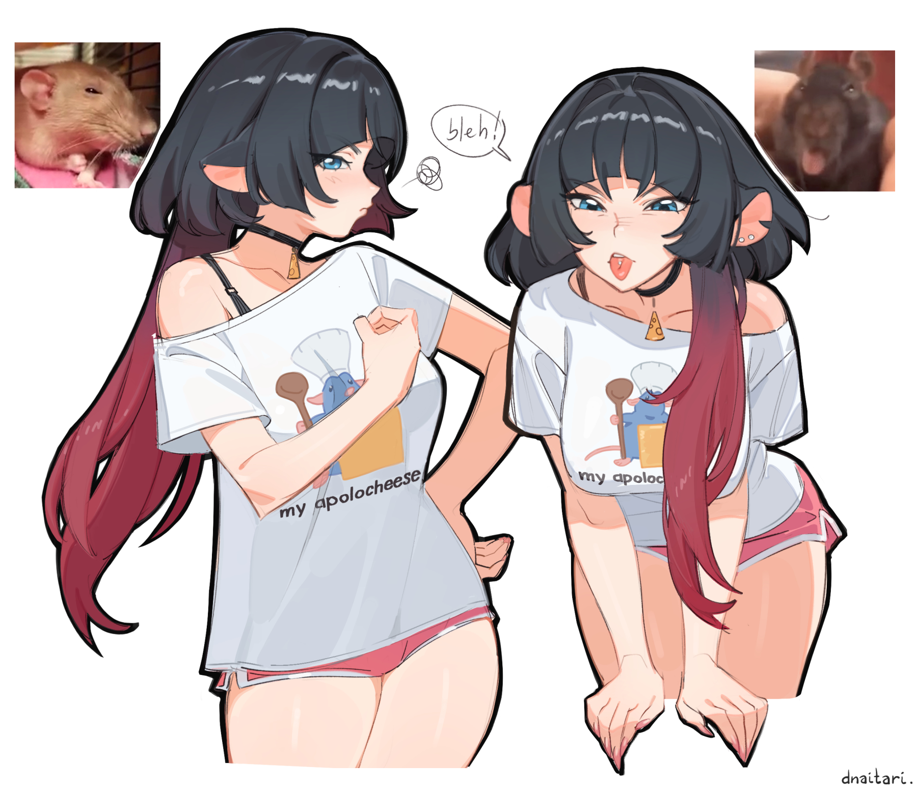 dnaitari, jane doe (zenless zone zero), remy (ratatouille), ratatouille, zenless zone zero, commentary, highres, 1girl, :p, animal ear piercing, animal ears, artist name, black choker, black hair, blue eyes, bra strap, breasts, character print, choker, clenched hand, closed mouth, cropped legs, dolphin shorts, gradient hair, hair over shoulder, hand on own hip, large breasts, leaning forward, light blush, long hair, looking at viewer, mouse ears, mouse girl, multicolored hair, off shoulder, photo inset, pink shorts, print shirt, profile, red hair, reference inset, shirt, short shorts, short sleeves, shorts, sideways glance, speech bubble, squiggle, tongue, tongue out, two-tone hair, v-shaped eyebrows, very long hair, white background, white shirt