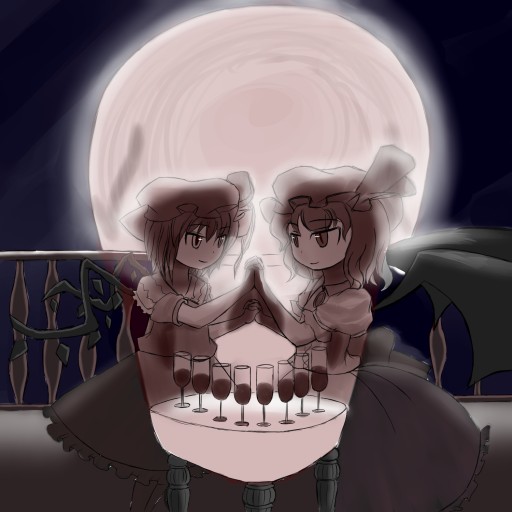 flandre scarlet, remilia scarlet, l'amour de pierrot, touhou, 2girls, bat wings, cup, dress, drinking glass, female focus, fine art parody, full moon, glass, hat, hat ribbon, holding hands, mob cap, moon, multiple girls, night, optical illusion, parody, ribbon, siblings, sisters, skull, symmetrical hand pose, wine glass, wings