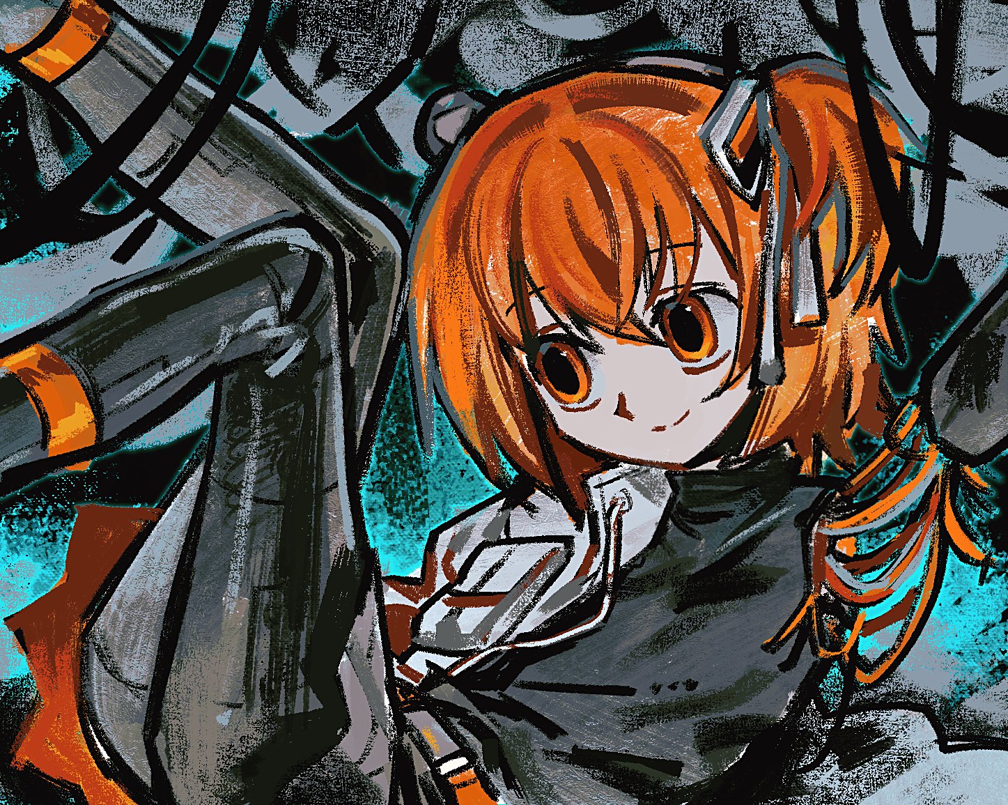 t0ngue2, adachi rei, utau, 1girl, belt, black leggings, black shirt, hair ribbon, headlamp, jacket, leggings, one side up, open clothes, open jacket, orange belt, orange eyes, orange hair, radio antenna, ribbon, shirt, solo, white jacket, white ribbon