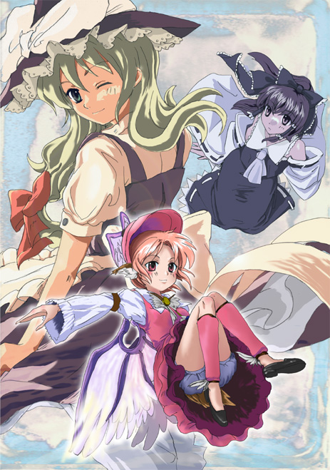 hakurei reimu, kirisame marisa, mystia lorelei, touhou, 3girls, ;), apron, ascot, black dress, black eyes, black hair, blonde hair, blue eyes, collar, detached sleeves, dress, female focus, flying, from behind, full body, hat, knees together feet apart, long hair, long sleeves, looking at viewer, looking back, multiple girls, one eye closed, pale skin, puffy short sleeves, puffy sleeves, red dress, short sleeves, smile, thighs, very long hair, waist apron, wings, witch hat