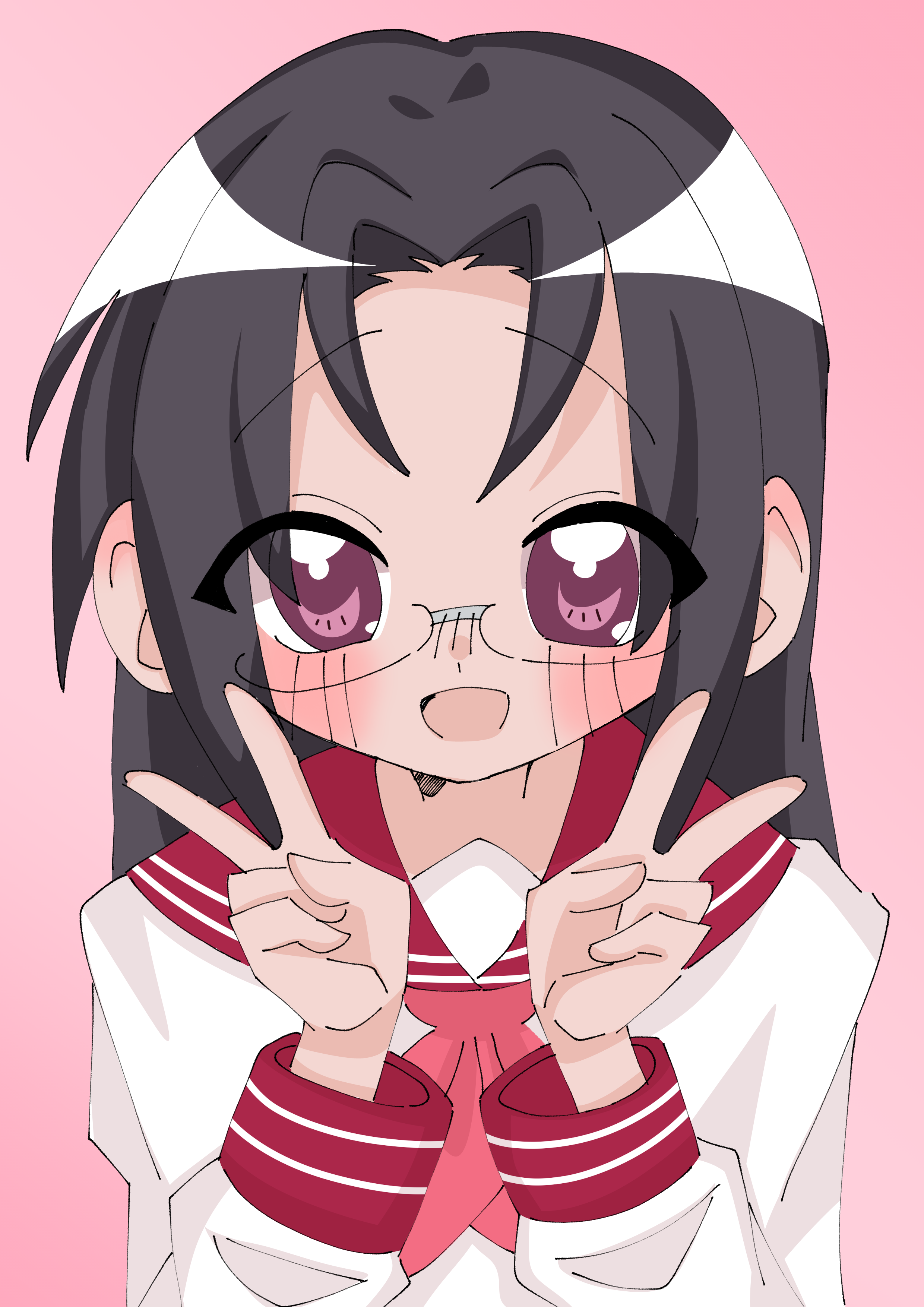 tamura hiyori, lucky star, absurdres, highres, 1girl, :d, black hair, blush, cat k, double v, glasses, long hair, long sleeves, looking at viewer, neckerchief, open mouth, pink background, pink neckerchief, purple eyes, red sailor collar, red sleeve cuffs, ryouou school uniform, sailor collar, school uniform, serafuku, shirt, simple background, smile, v, white shirt