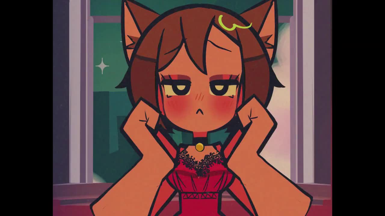 rainelyn00, meiko (vocaloid), vocaloid, animated, audible music, audible speech, japanese audio, sound, tagme, video, 1girl, animal ear fluff, animal ears, black collar, black eyes, breasts, brown hair, cat ears, city, cleavage, closed mouth, collar, dress, eyeshadow, heart, index finger raised, japanese text, kemonomimi mode, lace, lace-trimmed dress, lace trim, lage breasts, music, music video, neck bell, open mouth, red dress, red eyeshadow, solo, sparkle, text focus, window
