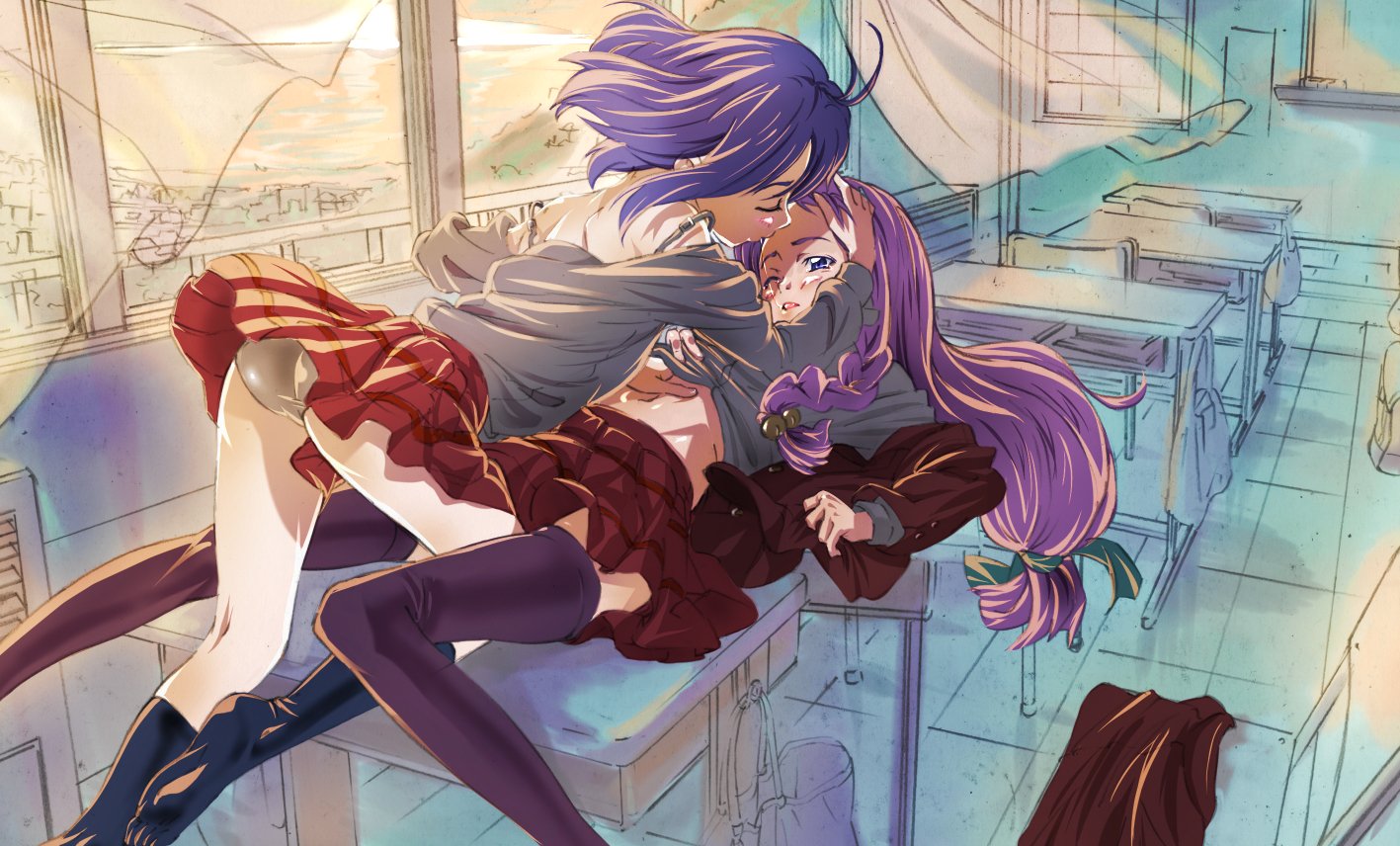 niko (tama), ayase yue, miyazaki nodoka, mahou sensei negima!, clothes, bad id, bad pixiv id, 00s, 2girls, antenna hair, back, bag, blue eyes, blue hair, blush, blush stickers, bra strap, braid, classroom, closed eyes, clothes lift, curtains, desk, feet, floating curtains, frottage, indoors, kiss, kneehighs, legs, long hair, lying, midriff, multiple girls, navel, no shoes, off shoulder, one eye closed, panties, pantyshot, perspective, plaid clothes, plaid skirt, purple hair, saliva, saliva trail, school, school desk, school uniform, serafuku, skirt, skirt lift, socks, soles, strap slip, thighhighs, toes, twin braids, underwear, wince, wind, wind lift, window, wink, yuri, zettai ryouiki