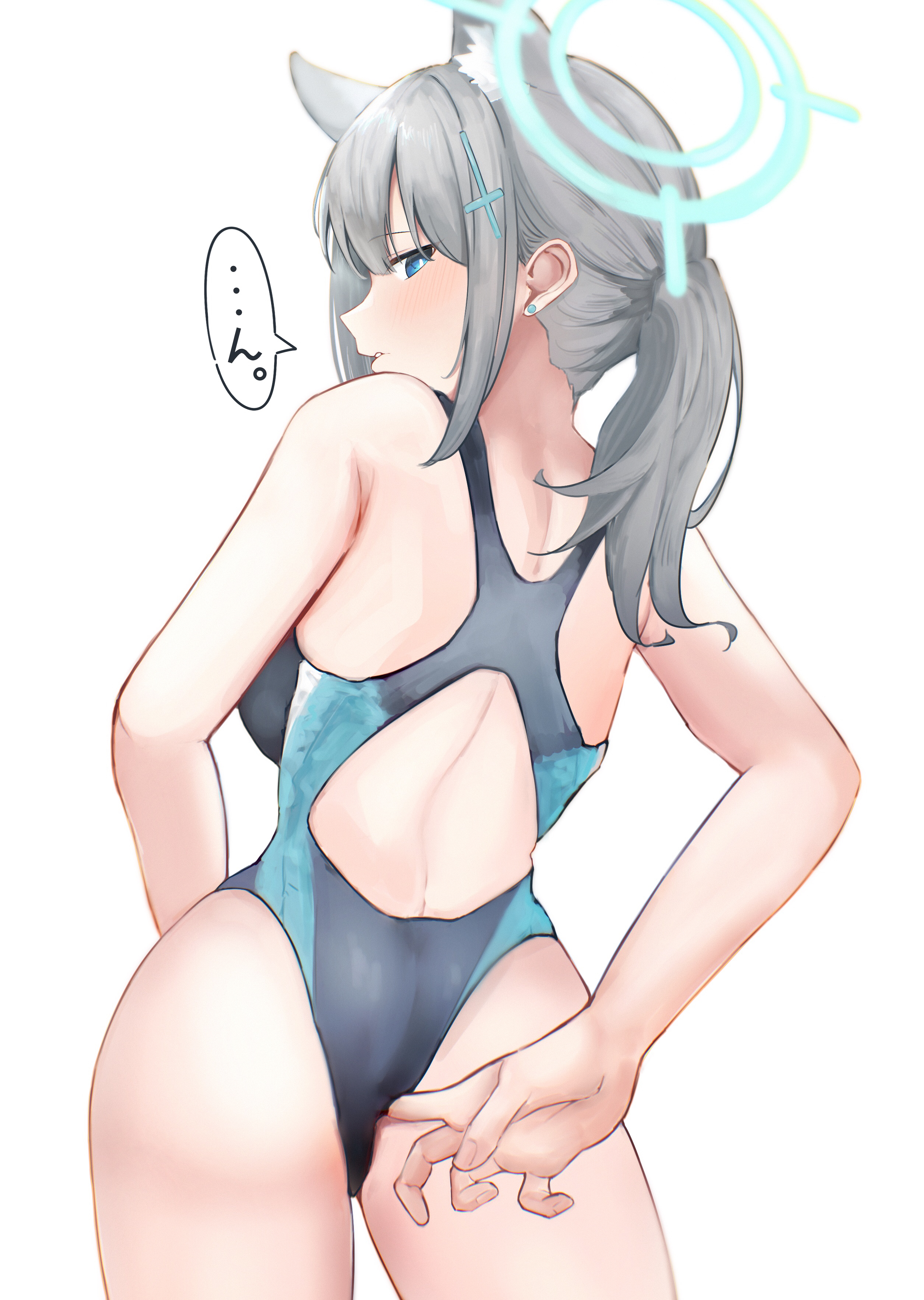 mashiro latte (msrn39), shiroko (blue archive), shiroko (swimsuit) (blue archive), blue archive, absurdres, highres, translation request, 1girl, adjusting clothes, adjusting swimsuit, animal ear fluff, animal ears, arm behind back, ass, back, back cutout, bare arms, blue eyes, blue halo, blush, breasts, bright pupils, clothing cutout, competition swimsuit, cowboy shot, cross hair ornament, earrings, extra ears, fingernails, from behind, grey hair, hair ornament, halo, jewelry, looking back, median furrow, medium hair, official alternate costume, official alternate hairstyle, one-piece swimsuit, parted lips, ponytail, profile, sidelocks, solo, speech bubble, standing, swimsuit, thighs, wolf ears, wolf girl