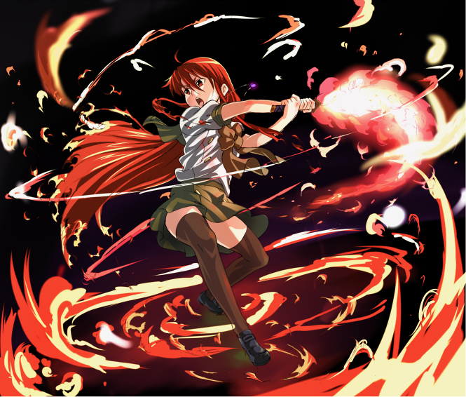 niko (tama), alastor (shakugan no shana), shana, shakugan no shana, bad id, bad pixiv id, 00s, 1girl, action, battle, bow, female focus, fighting, fire, jewelry, legs, pendant, red eyes, red hair, school uniform, serafuku, shoes, skirt, solo, sword, thighhighs, weapon, zettai ryouiki