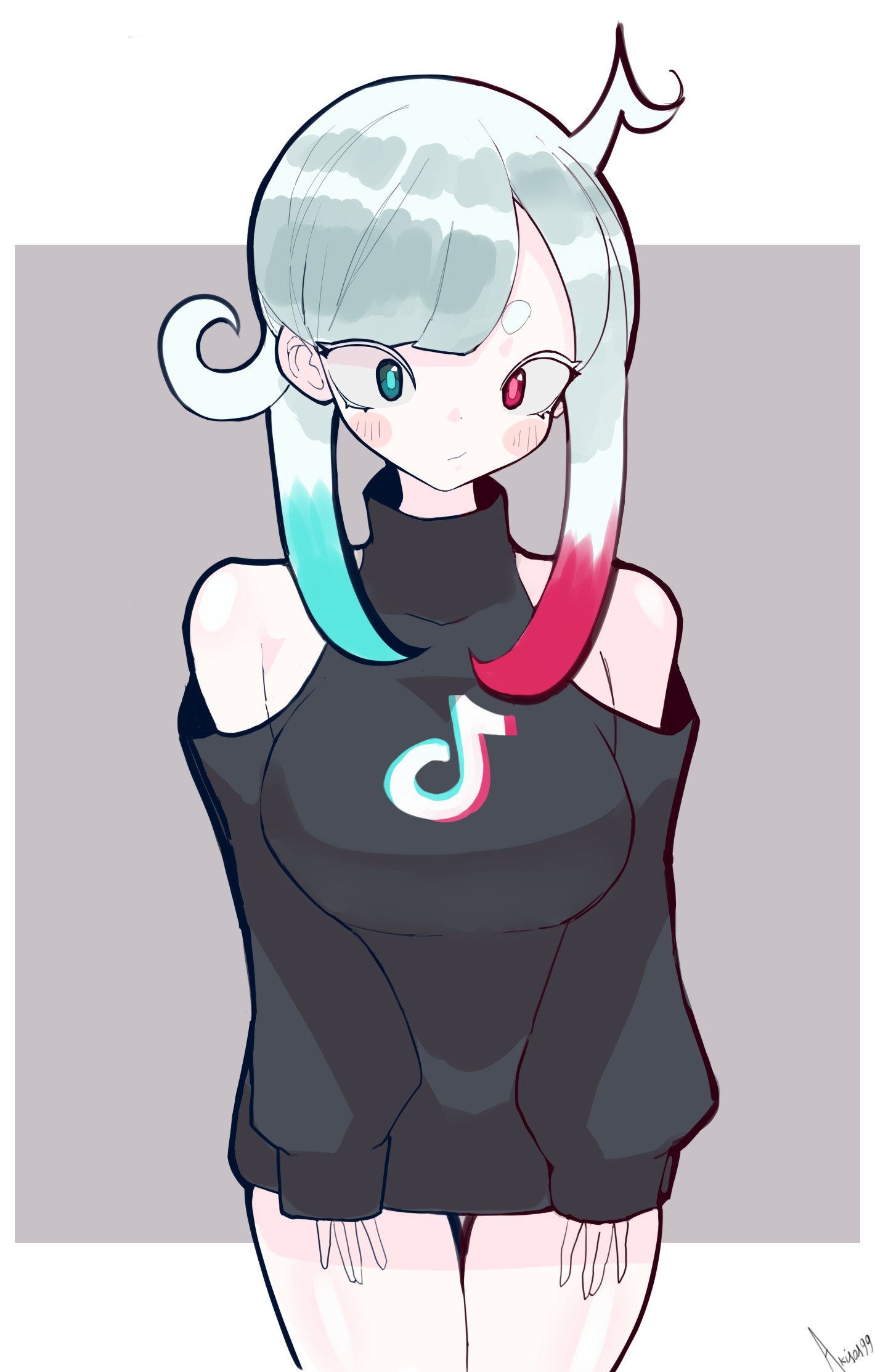 akisas99, tiktok, commentary, english commentary, highres, 1girl, :/, bare shoulders, black sweater, blue eyes, blush, breasts, clothing cutout, dot nose, dress, facing viewer, large breasts, long sleeves, looking at viewer, multicolored eyes, multicolored hair, off shoulder, red eyes, shoulder cutout, side ahoge, sleeves past wrists, solo, standing, sweater, sweater dress, thick eyebrows, thighs, tiktok logo, turtleneck, turtleneck sweater, two-tone eyes