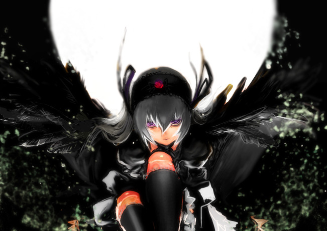 miwa hitomi, suigintou, rozen maiden, 00s, black wings, forest, hairband, moon, nature, purple eyes, solo, thighhighs, tree, white hair, wings