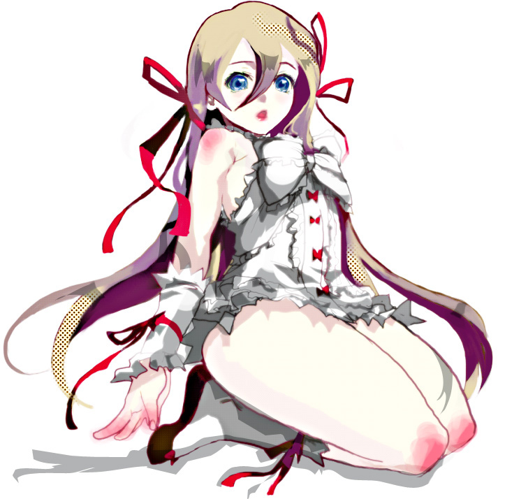 miwa hitomi, al azif (demonbane), demonbane, 00s, blonde hair, blue eyes, bow, frills, kneeling, long hair, plump, ribbon, solo, thighs