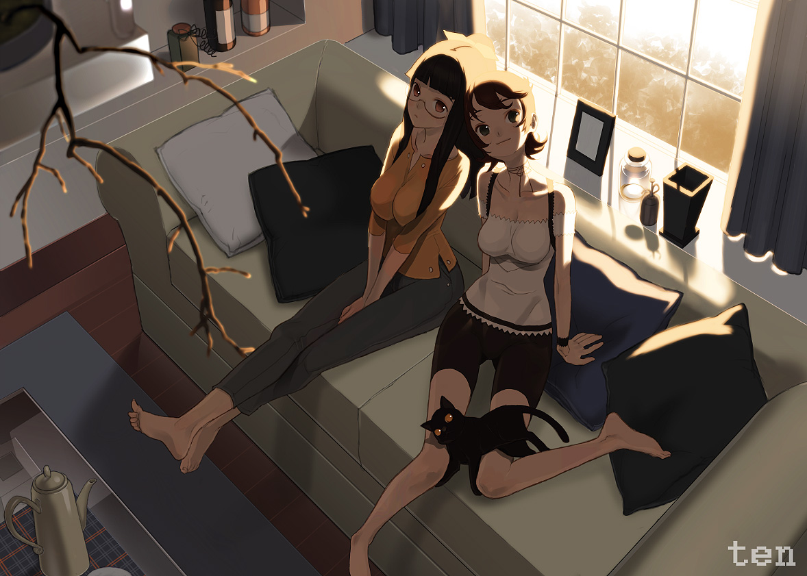 nekonoji, tensugi takashi, bad id, bad pixiv id, 2girls, arms at sides, backlighting, bare shoulders, barefoot, bike shorts, black bike shorts, black cat, blouse, blunt bangs, blurry, bracelet, branch, breasts, breasts squeezed together, cat, cleavage, collarbone, couch, curtains, cushion, depth of field, feet, flipped hair, from above, glasses, grey pants, head tilt, indoors, jar, jewelry, large breasts, legs together, light smile, looking at viewer, multiple girls, on couch, orange shirt, own hands together, pants, picture frame, ponytail, shirt, side-by-side, sitting, skin tight, soles, swept bangs, toenails, toes, v arms, white shirt, window, windowsill, wooden floor