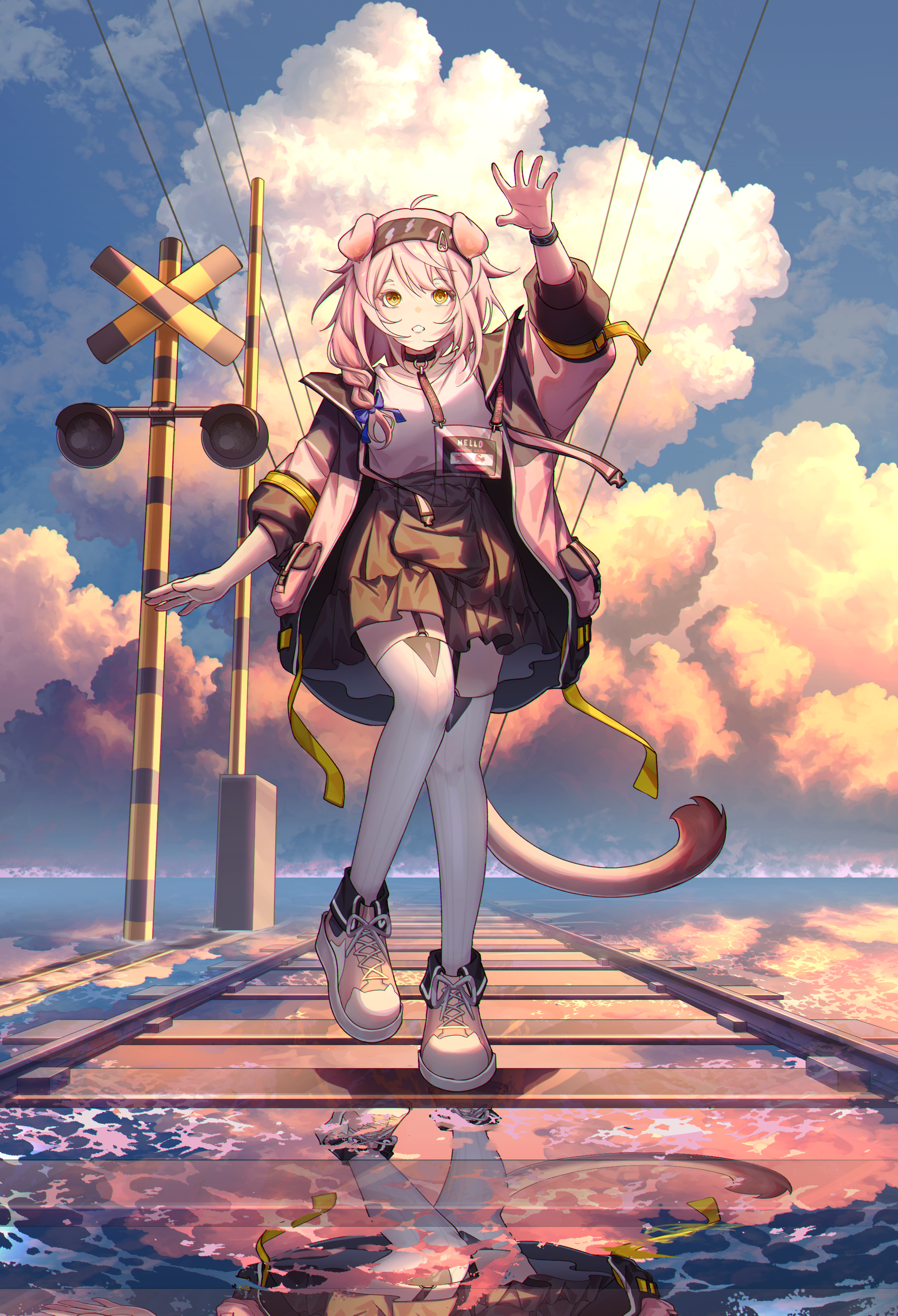 ev-oo, goldenglow (arknights), infection monitor (arknights), arknights, absurdres, highres, 1girl, ahoge, animal ears, arm up, black hairband, black skirt, blue bow, blue sky, boots, bow, braid, cat ears, cat girl, cat tail, clenched teeth, cloud, cloudy sky, full body, garter straps, grey jacket, hair bow, hair ornament, hairband, hairclip, jacket, lightning bolt symbol, long hair, miniskirt, multicolored jacket, open clothes, open jacket, outdoors, pink boots, pink hair, pink jacket, pleated skirt, railroad signal, railroad tracks, reflection, shirt, side braid, skirt, sky, solo, t-shirt, tail, teeth, thighhighs, white shirt, white thighhighs, yellow eyes, zettai ryouiki