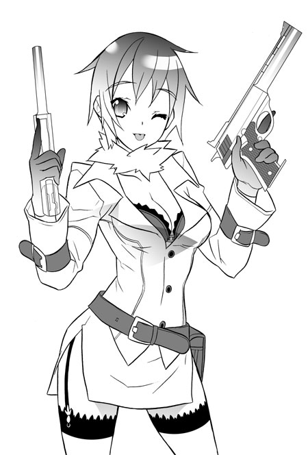 nekonoji, tensugi takashi, 1girl, ;p, belt, bra, breasts, cleavage, dual wielding, female focus, greyscale, gun, handgun, holding, jacket, large breasts, lingerie, monochrome, one eye closed, open clothes, open shirt, pistol, shirt, solo, suspenders, thighhighs, tongue, tongue out, underwear, weapon, wink