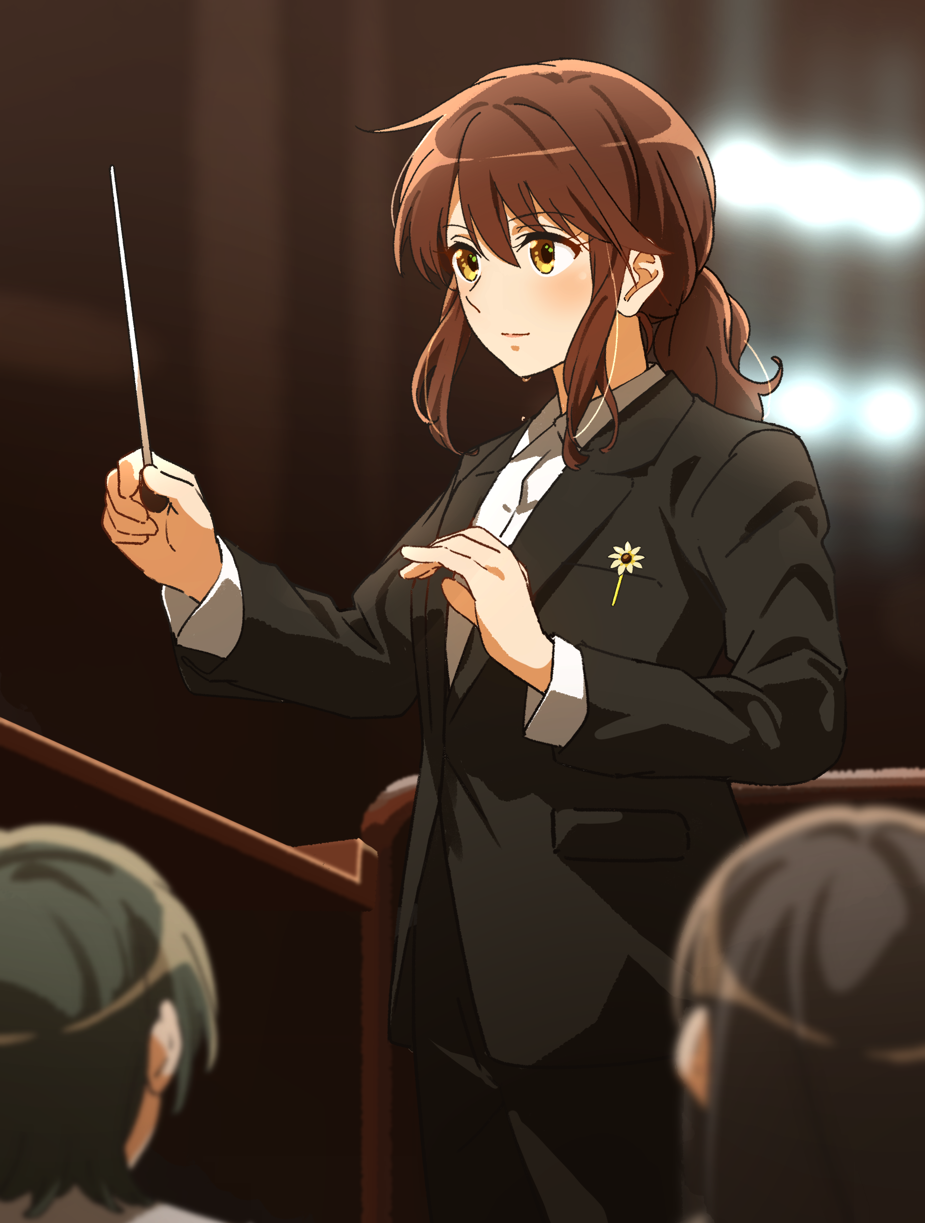 fuyuhino, katou hazuki, oumae kumiko, hibike! euphonium, absurdres, character request, commentary, highres, 3girls, aged up, black hair, black jacket, black pants, black suit, blurry, blurry background, blush, brown eyes, brown hair, collared shirt, conductor, conductor baton, cowboy shot, dress pants, dress shirt, flower, formal clothes, hair between eyes, holding baton, jacket, long sleeves, low ponytail, multiple girls, pants, ponytail, shirt, short hair, solo focus, standing, suit, suit jacket, sweat, white shirt, yellow flower