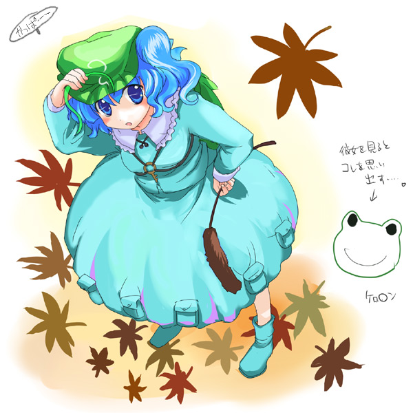 kawashiro nitori, touhou, 1girl, autumn leaves, backpack, bag, blue dress, blue eyes, blue hair, boots, collar, dress, falling leaves, female focus, flat cap, frog, from above, full body, hat, holding, key, leaf, long sleeves, looking at viewer, looking up, matching hair/eyes, rubber boots, solo, standing, two side up