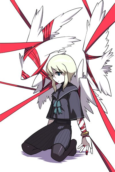 tsuru (artist), tsuru (clainman), sound horizon, bad id, bad pixiv id, 1girl, bdsm, blonde hair, blue eyes, bondage, bound, female focus, pantyhose, ribbon, ribbon bondage, school uniform, serafuku, solo, tied up (nonsexual), wings