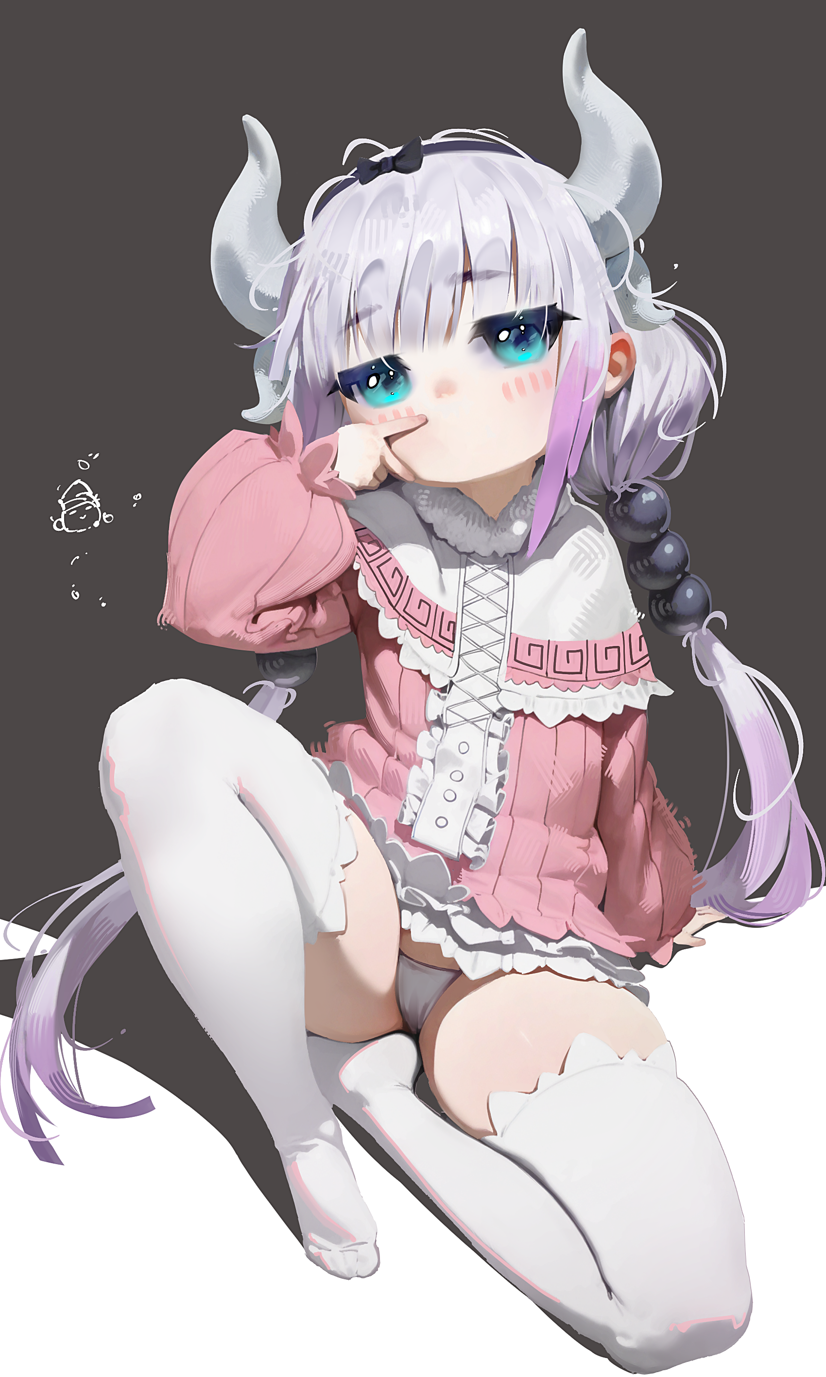 yoko-chan (mijizukeyoko), kanna kamui, kobayashi-san chi no maidragon, absurdres, highres, 1girl, black hairband, blue eyes, blush, clothes lift, dragon girl, dragon horns, hairband, horns, long hair, looking at viewer, low twintails, panties, pantyshot, pink hair, purple hair, sitting, skirt, skirt lift, solo, thighhighs, twintails, underwear, white horns, white panties, white skirt, white thighhighs
