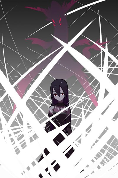 tsuru (artist), tsuru (clainman), chronica, chronicle 2nd, sound horizon, bad id, bad pixiv id, 1girl, black hair, dark, dress, elbow gloves, female focus, gloves, monster, red eyes, solo