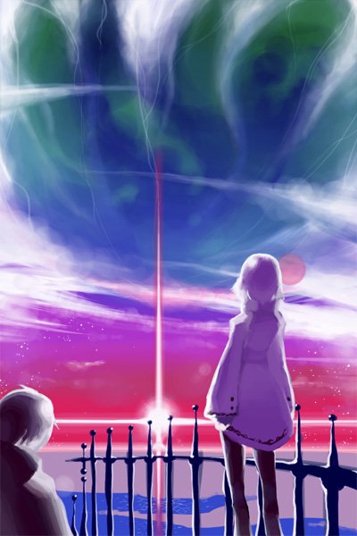 tsuru (artist), tsuru (clainman), bad id, bad pixiv id, 1boy, 1girl, aurora, black pantyhose, coat, fence, lens flare, long sleeves, pantyhose, railing, short hair, sky, solo focus, standing, sunlight, winter clothes, winter coat