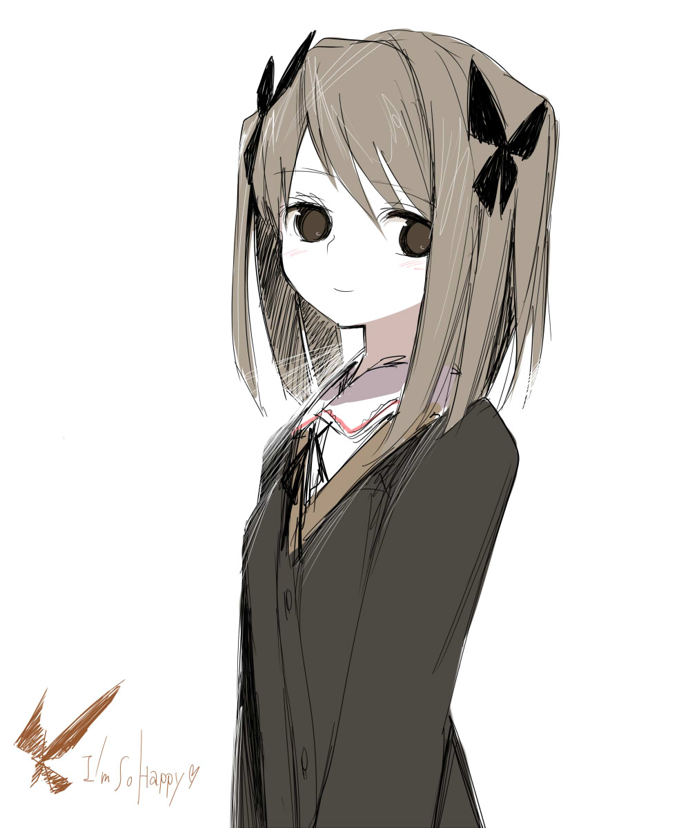 tsuru (artist), tsuru (clainman), bad id, bad pixiv id, highres, 1girl, brown hair, brown theme, english text, female focus, monochrome, ribbon, sketch, smile, solo