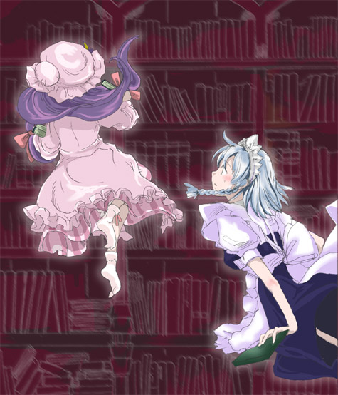 izayoi sakuya, patchouli knowledge, touhou, 2girls, book, female focus, library, multiple girls, voile