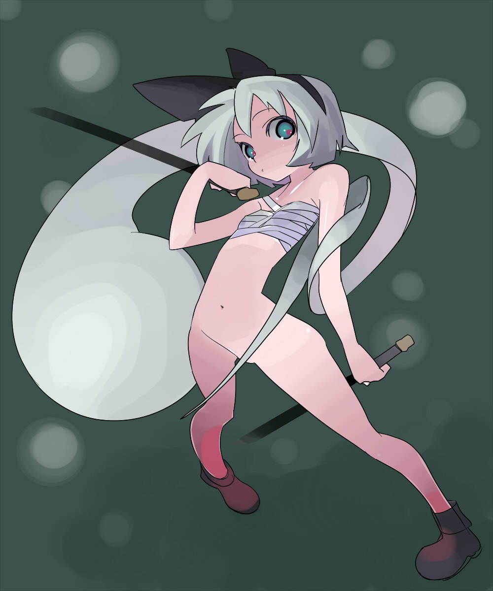 tsuru (artist), tsuru (clainman), konpaku youmu, konpaku youmu (ghost), touhou, bad id, bad pixiv id, highres, 1girl, bottomless, censored, convenient censoring, covering privates, female focus, flat chest, hitodama, katana, legs, long hair, no panties, ribbon, sarashi, solo, sword, weapon