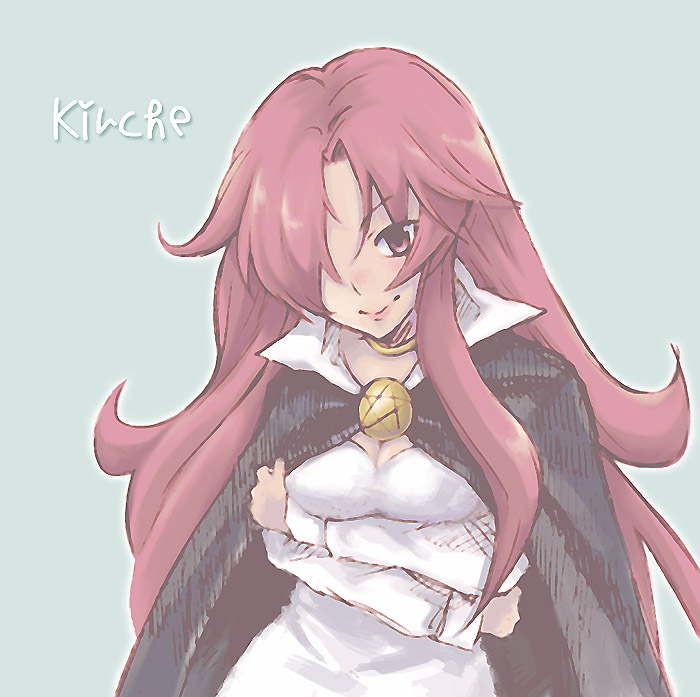 nogoodlife, kirche augusta frederica von anhalt zerbst, zero no tsukaima, 00s, 1girl, blue background, breasts, cape, character name, female focus, hair over one eye, pentacle, pink hair, solo