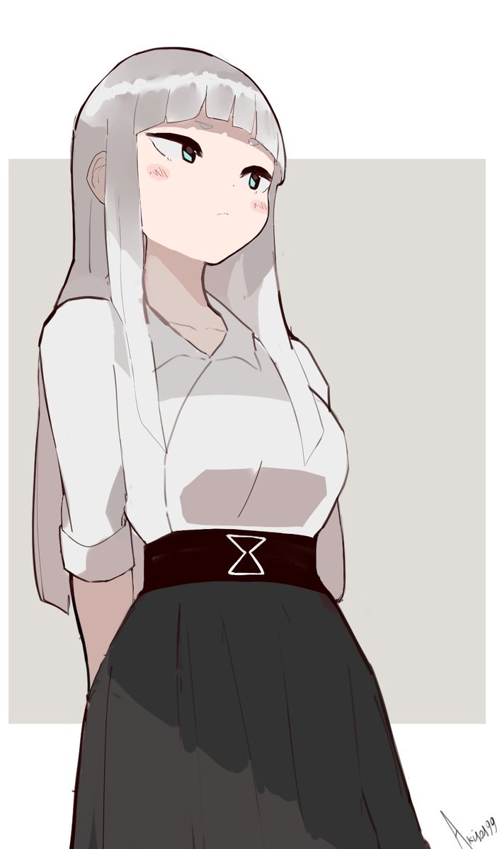 akisas99, francisca (gogalking), original, 1girl, aqua eyes, artist name, belt, black skirt, blunt bangs, borrowed character, breasts, closed mouth, collarbone, dot nose, long hair, shirt, signature, simple background, skirt, solo, standing, straight hair, thick eyebrows, white hair, white shirt