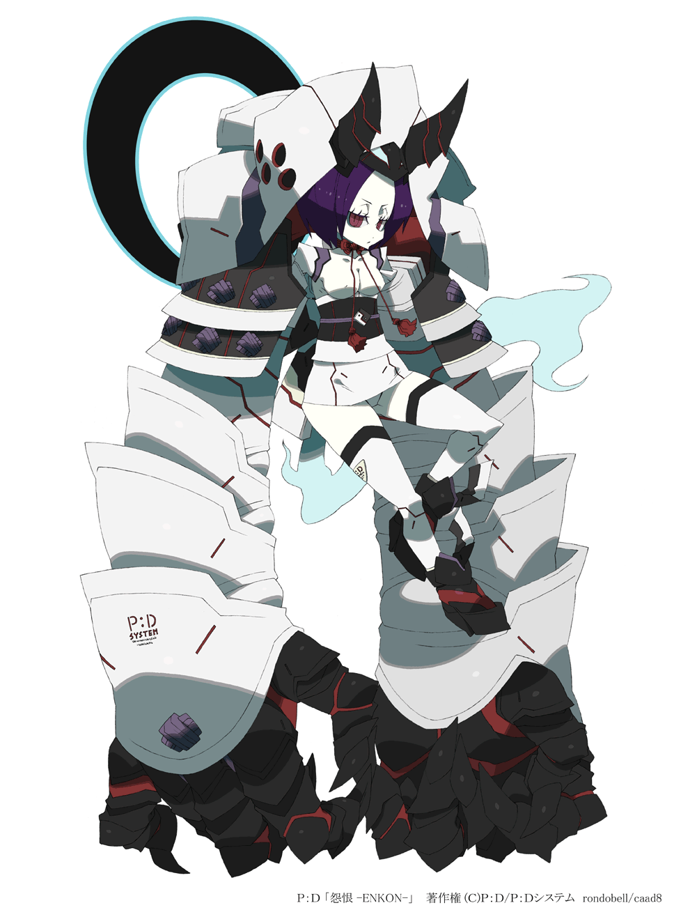 okamaru shikhi, bad id, bad pixiv id, highres, armor, japanese clothes, kimono, mecha musume, oni, purple hair, red eyes, solo, thighhighs