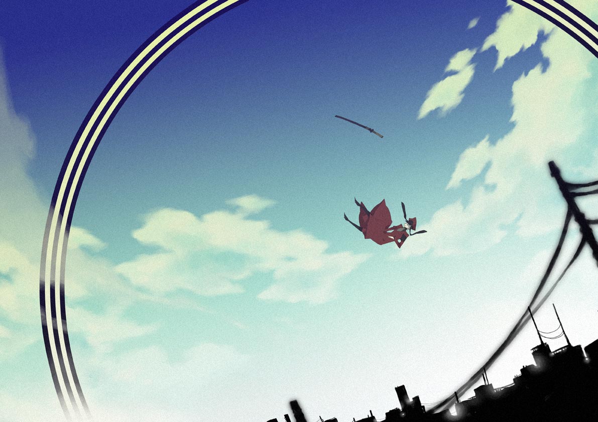 okamaru shikhi, original, bad id, bad pixiv id, gender request, androgynous, cityscape, cloud, day, falling, scenery, sky, solo, sword, weapon