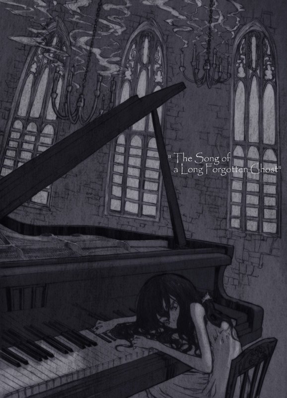 shouichi, original, sentimental vector, bad id, bad pixiv id, 1girl, black hair, candle, chandelier, dark, dress, female focus, grand piano, greyscale, instrument, lonely, long hair, monochrome, piano, solo, window