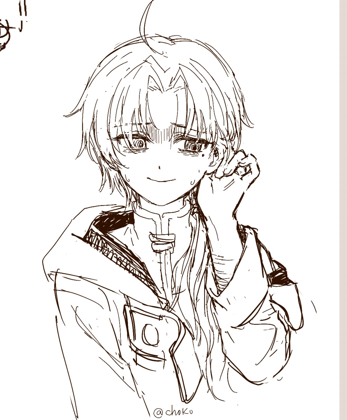 cho kooooo, rudeus greyrat, copyright request, highres, ahoge, averting eyes, lineart, mole, nervous, nervous sweating, ponytail, sweat, tucking hair