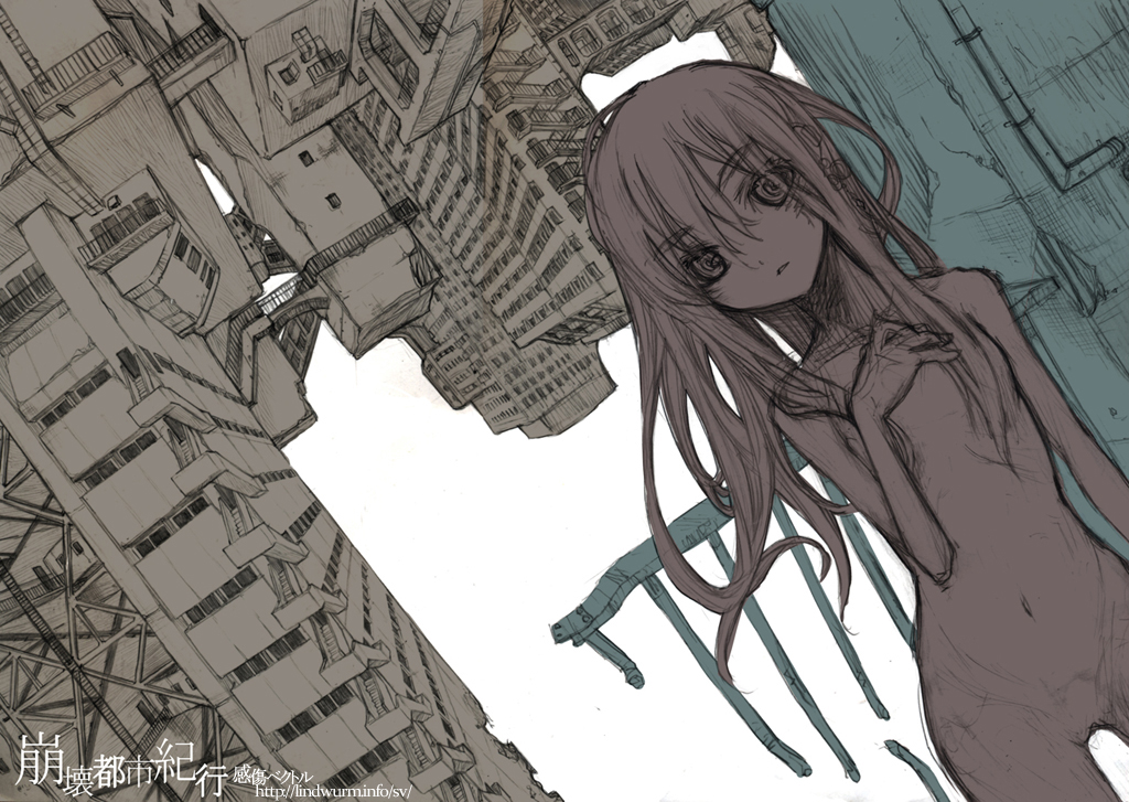shouichi, original, sentimental vector, bad id, bad pixiv id, 1girl, city, cityscape, female focus, limited palette, long hair, nude, scenery, sketch, solo, upside-down