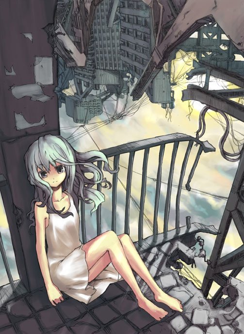shouichi, original, sentimental vector, bad id, bad pixiv id, barefoot, city, cityscape, cloud, dress, green hair, scenery, solo, sun, sundress, upside-down